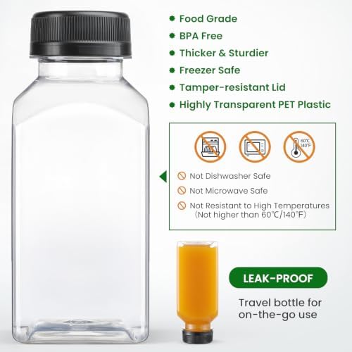 12 PACK, 8 OZ Reusable Thicker Plastic Juice Bottles with Caps, Leakproof