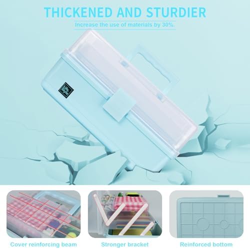 Creahaus 13 inch Art Craft Organizer Storage Box with 3 Layer, Multipurpose Plastic Tool Box with Handle for Sewing, Art