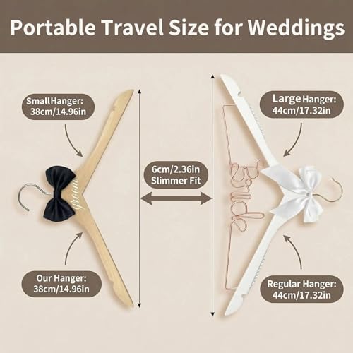 2 Pcs Bride Hanger for Wedding Dress, Bride and Groom Wooden Wedding Hangers Set, Dress and Suit Hangers with Bow Ties and Shoulder Notches, Bridal Shower Gifts Photography Props