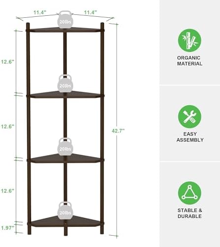 Wisuce Brown Small Corner Shelf Stand, 4-Tier Bamboo Corner Bookshelf