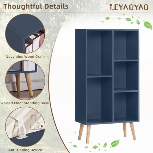 LEYAOYAO 5 Cube Bookshelf,Mid-Century Modern Book Shelf with Legs,Dark Blue