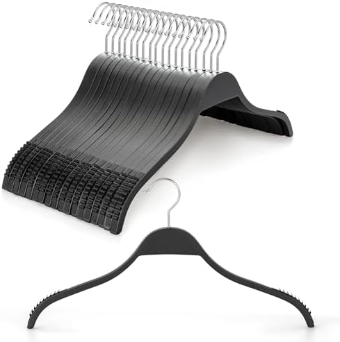 TOPIA HANGER Slim Wooden Hangers with Extra Soft Non-Slip Rubber Grips, 18-Pack High-Grade Fashion Black Hanger No Shoulder Bump for Sweater, Camisole, Jacket, Dress, Coat-CT16B