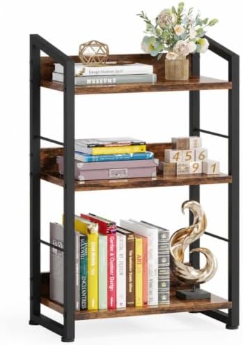 Hosfais Book Shelf Small Bookshelf: 3-Tier Wood Bookcase Industrial Bookshelf with Edge Protection Metal Narrow Bookcase