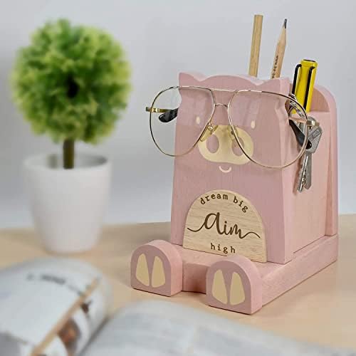 Wood Multipurpose Eyeglass Phone Pen & Pig Pencil Holder Stand Stationery Desk Box Organizer Accessories Decor, Home Office Desktop Decoration Birthday Graduation Gifts “Dream Big Aim High” (Piggy)
