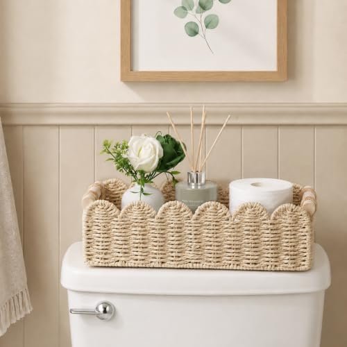 2 Pack Scalloped Paper Rope Toilet Paper Baskets with Wood Handles