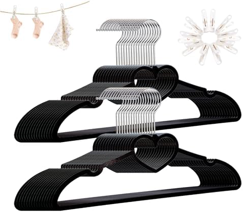 Plastic Hangers 30 Pack - Space Saving Slim Heart Hanger（Black）