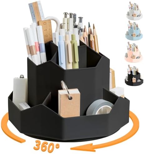 Cayxenful Pencil Pen Holder for Desk,9 Slots 360 Degree Rotating Desk Organizers,Desktop Storage Stationery Supplies Organizer, Cute Pencil Cup Pot For Office, School, Home(Black)