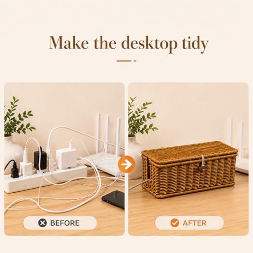 Handmade Rattan Cable Management Box with Lid, Cord Hider Organizer Box with 2 Open Side Slots for Power Strip, Router, 