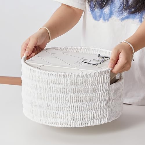Vagusicc Wicker Storage Basket, Hand-Woven Paper Rope Large Round Woven Basket With Handles, Wicker Baskets for Organizing/Storage, White, 3-Pack