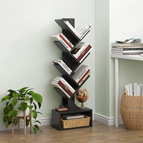 Hoctieon 6 Tier Tree Bookshelf, Tall Bookcase with Drawer, Freestanding Book Shelf, Display Floor Standing Storage Shelf