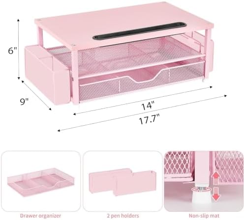 AUPSEN Pink Desk Organizers and Accessories, 2-Tier Wood Computer Monitor Stand with Drawer, Pen Storage & Phone Holder,