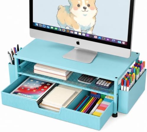 ECOLOVI Desk Organizer and Accessories, 2-Tier Computer Monitor Stand Rise with Storage Drawer & 2 Pen Holders, Laptop &