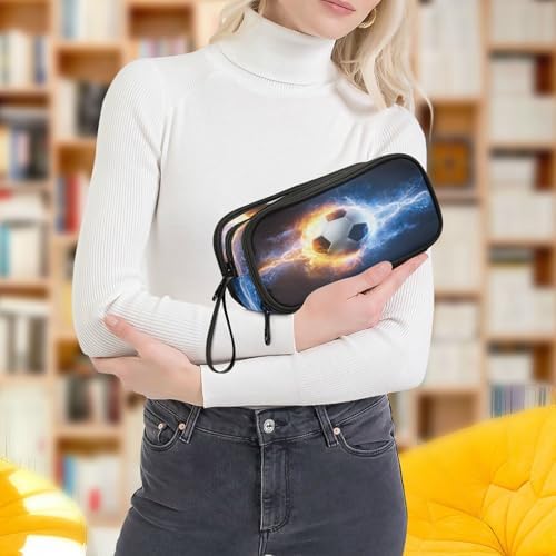 Big Capacity Soccer Ball Burning Student Pencil Case 3 Compartments Football Ball Pencil Bag Girls Boys Makeup bag Pen Pouch Large Stationery Zippers Organizer School College Office Teens Adults