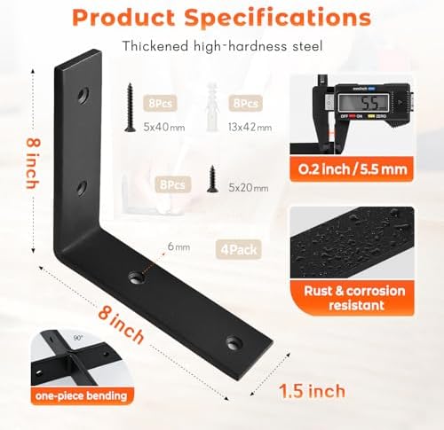 WINKER Shelf Bracket 8 Inch 8 Inchx8 Inchx1.5 Inch Heavy Duty Black Brackets for Shelves Corner L Bracket for Wall Shelv