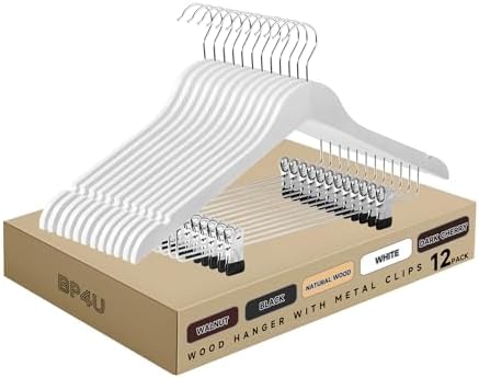 Wooden Hangers with Adjustable Metal Clips, 12-Pack, White