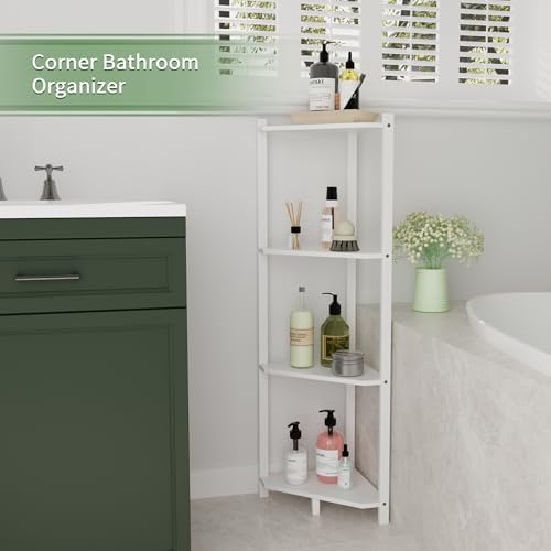 Wisuce Bamboo Small Corner Shelf Stand, 4-Tier White Corner Bookshelf