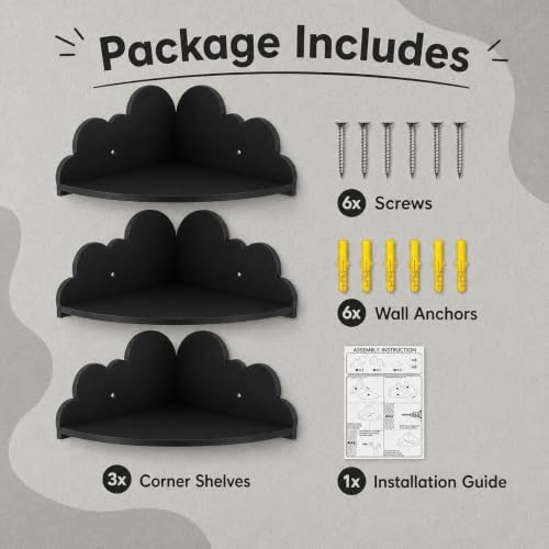 Cloud Corner Floating Shelves, Set of 3 Wall Mounted Shelves, Black