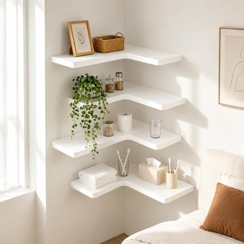 Solid Wood Corner Floating Shelves, L-Shaped, White, Set of 4