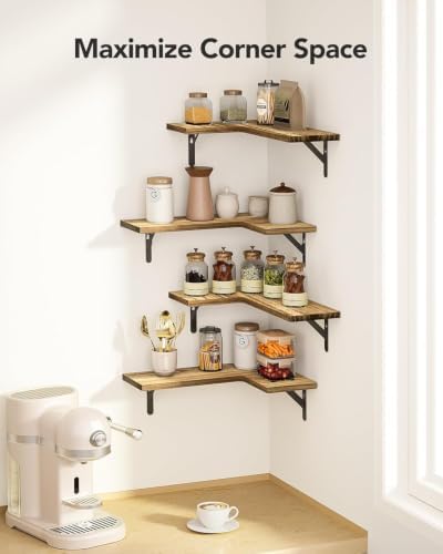 Amada Corner Floating Shelves, Paulownia Wood, Set of 4, Natural Wood