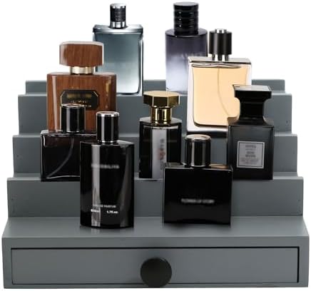 4 Tier Men's Cologne Organizer, Gray Wooden Display Stand with Drawer