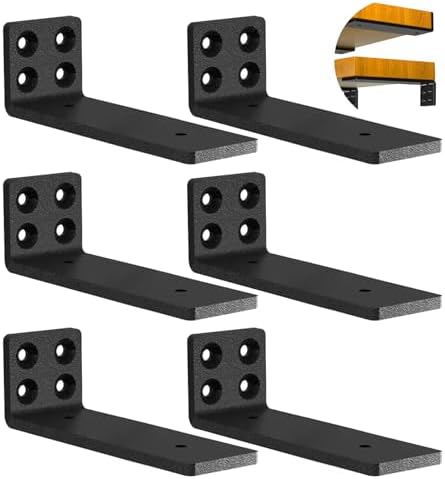 Floating Shelf Hardware Heavy Duty Hidden Shelf Brackets 8 Inch Long Wall Shelf Support Brackets Black L-Shaped (6 Pack)
