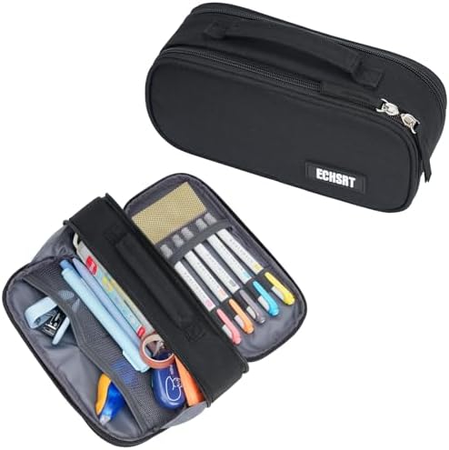 ECHSRT Large Tactical Pencil Case, 3-Compartment Pen Pouch Organizer, Black