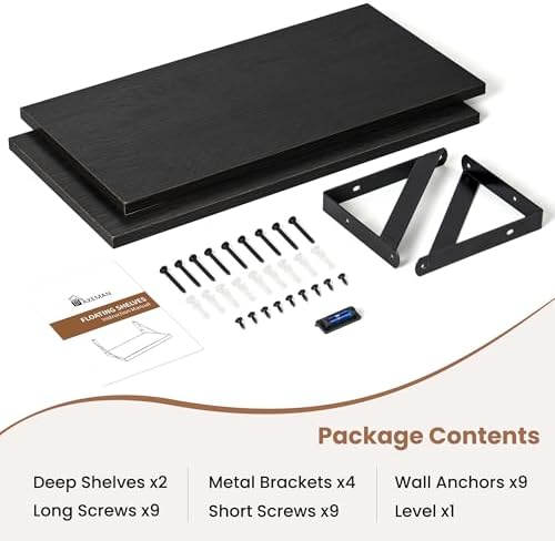 Axeman Floating Shelves for Wall, 16'' x 8'' Black Wall Shelves Set of 2