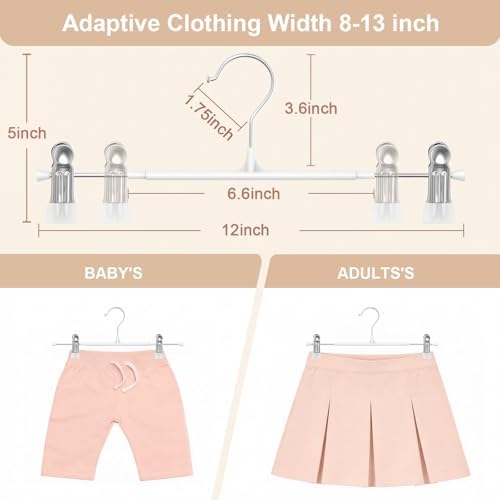 POZEAN Pants Hangers with Clips for Women 50 Pack, 12Inch Adjustable Heavy Duty Skirt Hangers, Space Saving Non-Slip Shorts Jeans Trousers Clothes Hangers, White