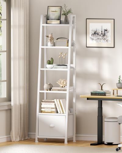 Furologee 6 Tier Ladder Shelf, Tall Ladder Bookshelf with Fabric Drawer