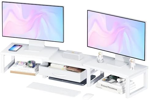 Dual Monitor Stand Riser, Desk Organizers and Accessories with Drawer, Computer Monitor Stands for Desk, Adjustable Desk