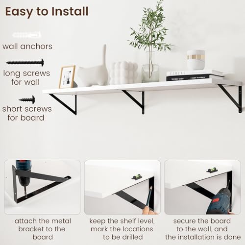 Axeman Floating Shelves for Wall White - 55 Inch Wide x 12 Inch Deep Wall Shelves Set of 2 - White Deep Wood Floating Sh