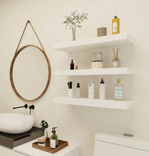 Vervida® White Floating Wall Shelves 24in Deep Set of 3 Modern 37 Lbs