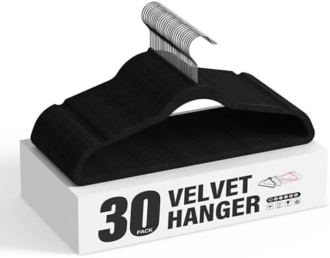 Simple Deluxe 30 Pack Velvet Hangers, 360° Swivel Hooks, Heavy Duty Non-Slip Clothes Hangers with Shoulder Notches, Black