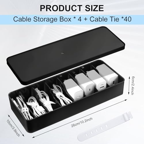 Tatuo Cord Organizer Box with Lid, Black, 4 Pack
