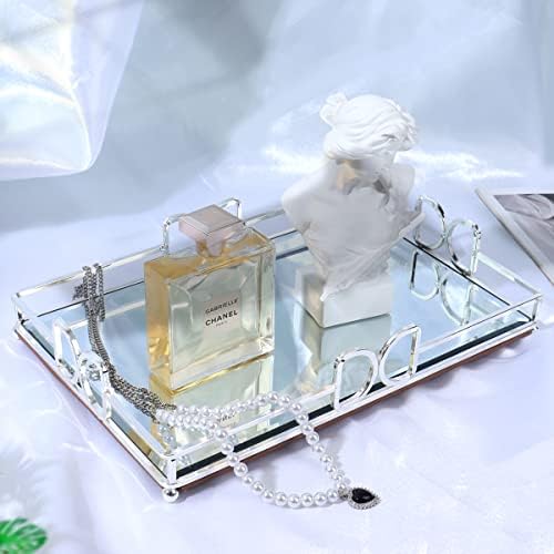 Decorative Tray, Bright Silver, Modern Premium Feeling Perfume Tray, Luxury Rust-Proof Glass Tray for Bathroom, Dresser,