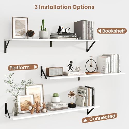 Axeman 40 Inch Floating Shelves, 8 Inch Deep White Wall Shelves Set of 2