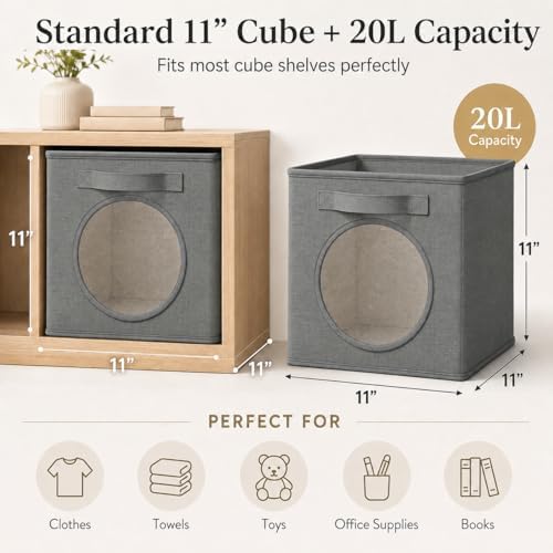 Storage Cubes with Mesh Window, 11'' Cube Storage Bin, Dark Gray, 4 Pack