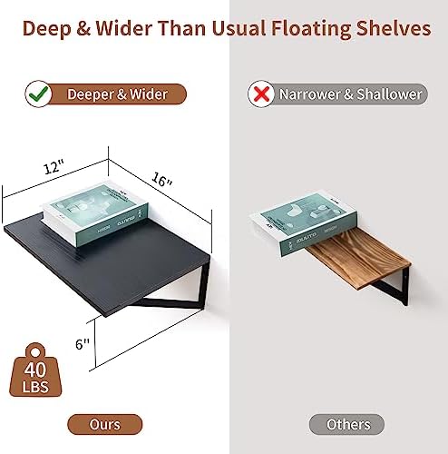 Axeman Deep Floating Shelves for Wall, 16W x 12D Black Floating Shelves Set of 2, 12 Inch Deep Large Wall Mounted Shelve