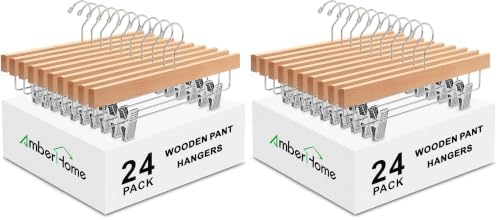 Amber Home 48 Pack Wooden Pants Hangers with Clips, Natural