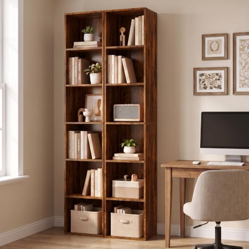 6 Cube Storage Organizer, 6 Tier Tall Narrow Bookshelf, Brown Cube Shelf