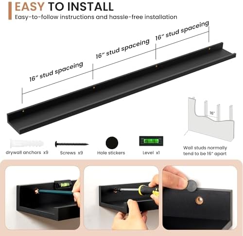 Dreamland Picture Ledge Shelf for Wall, Floating Shelves Set of 2,55 inch Long Floating Shelves with Lip for Living Room,Bedroom,Bathroom,Kitchen,Black