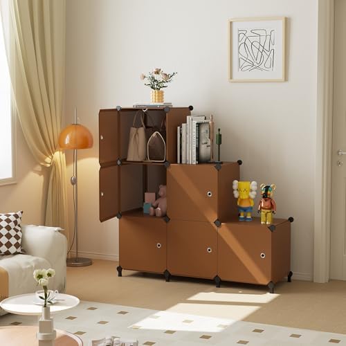6Cube Storage Organizer Modular Stackable with Doors Brown