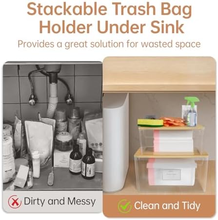 COAZEX 2 Pack Stackable Plastic Trash Bag Holder with Bamboo Lid Under Sink
