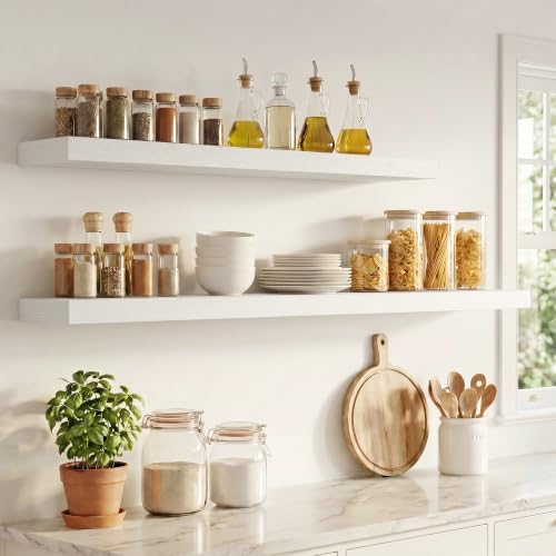 8 inch Deep Floating Shelves for Wall, 72" Wide, White Finish, 2-Pack