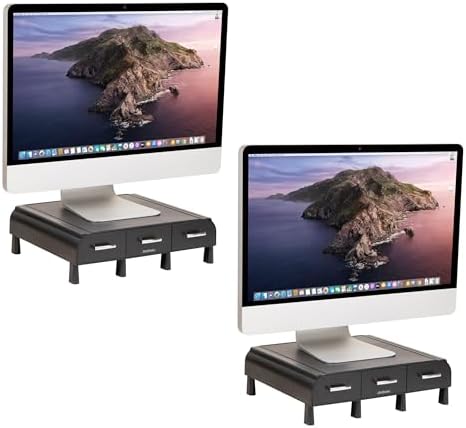 Mind Reader Monitor Stand, 3 Storage Drawers, Desktop Organizer, Riser, Office, 13.5"L x 13"W x 4"H, Set of 2, Black
