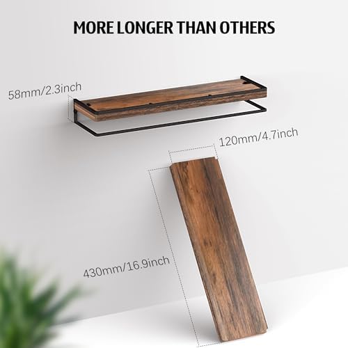 Meangood Floating Shelves Wall Mounted Set of 2, Towel Bar Rustic Wood Wall Storage Shelves for Bedroom,Living Room,Bath