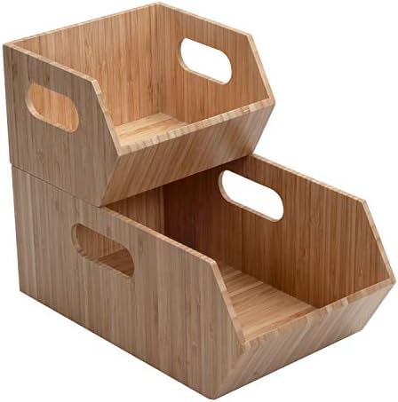 MobileVision Bamboo Storage Bins for Pantry & Kitchen Cabinet Organizer Multi-Purpose 2 PC Stackable Set for Canned Good