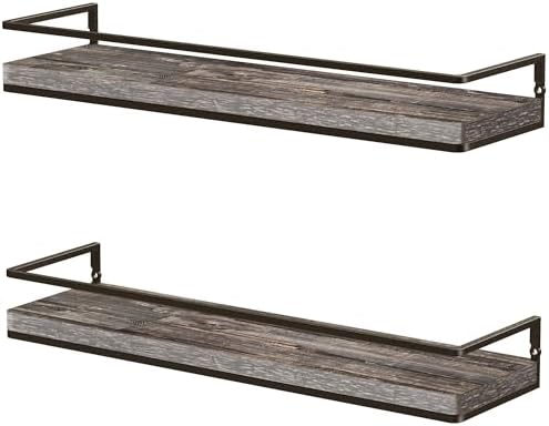 Meangood Floating Shelves Wall Mounted Set of 2, Rustic Wood Wall Storage Shelves for Bedroom,Living Room,Bathroom, Kitc