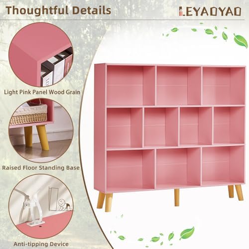 LEYAOYAO 10 Cube Bookshelf,Mid-Century Modern Bookcase with Legs,Light Pink