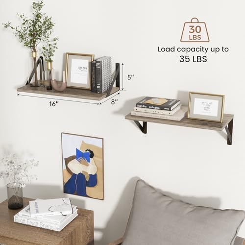 Axeman Floating Shelves for Wall, 16'' x 8'' Grey Wall Shelves Set of 2
